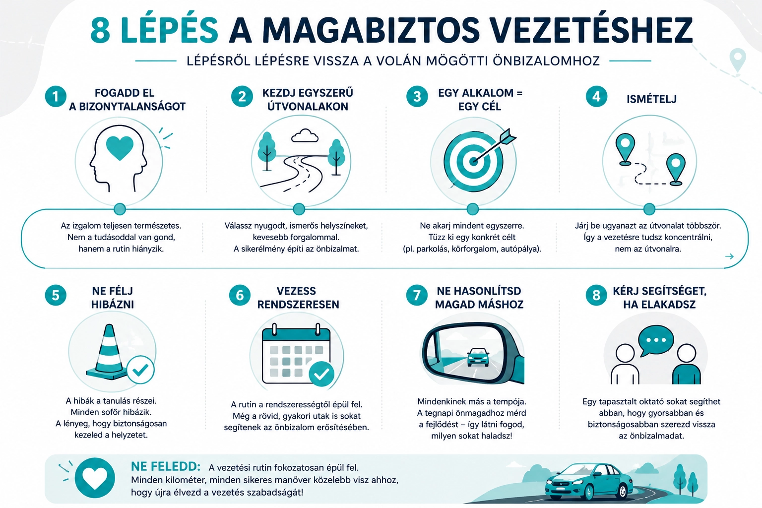 Újrakezdő vezető fokozatos fejlődése egyszerű útvonaltól a magabiztos közlekedésig.