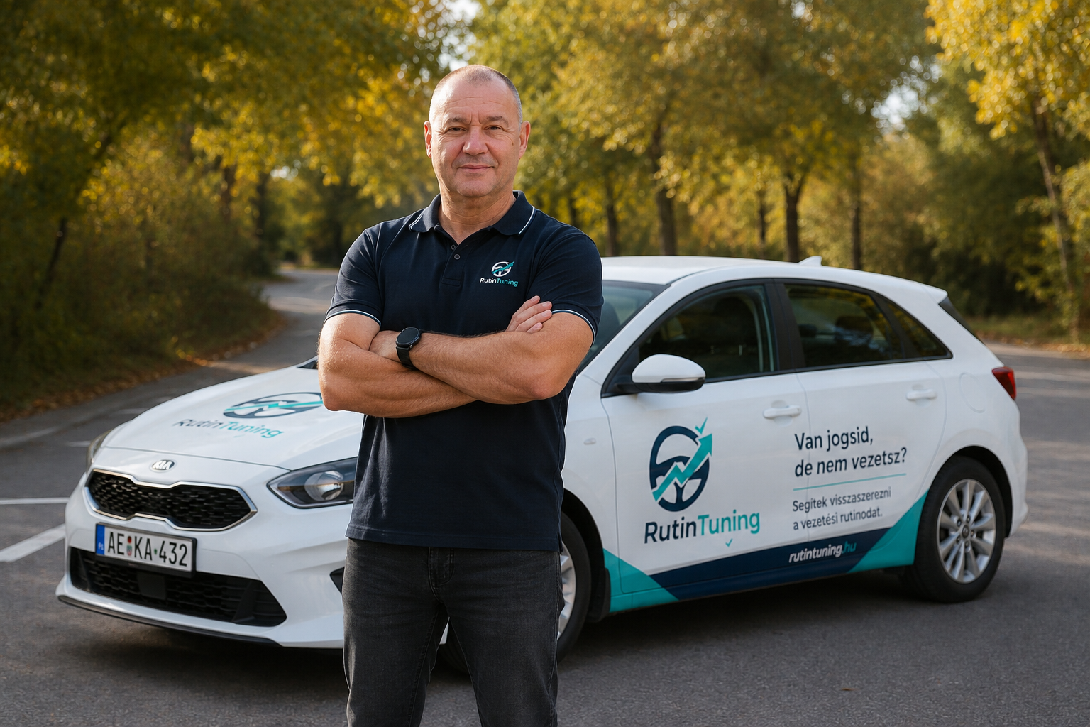 Robi, a Rutin Tuning oktatója a Rutin Tuning oktatóautó előtt